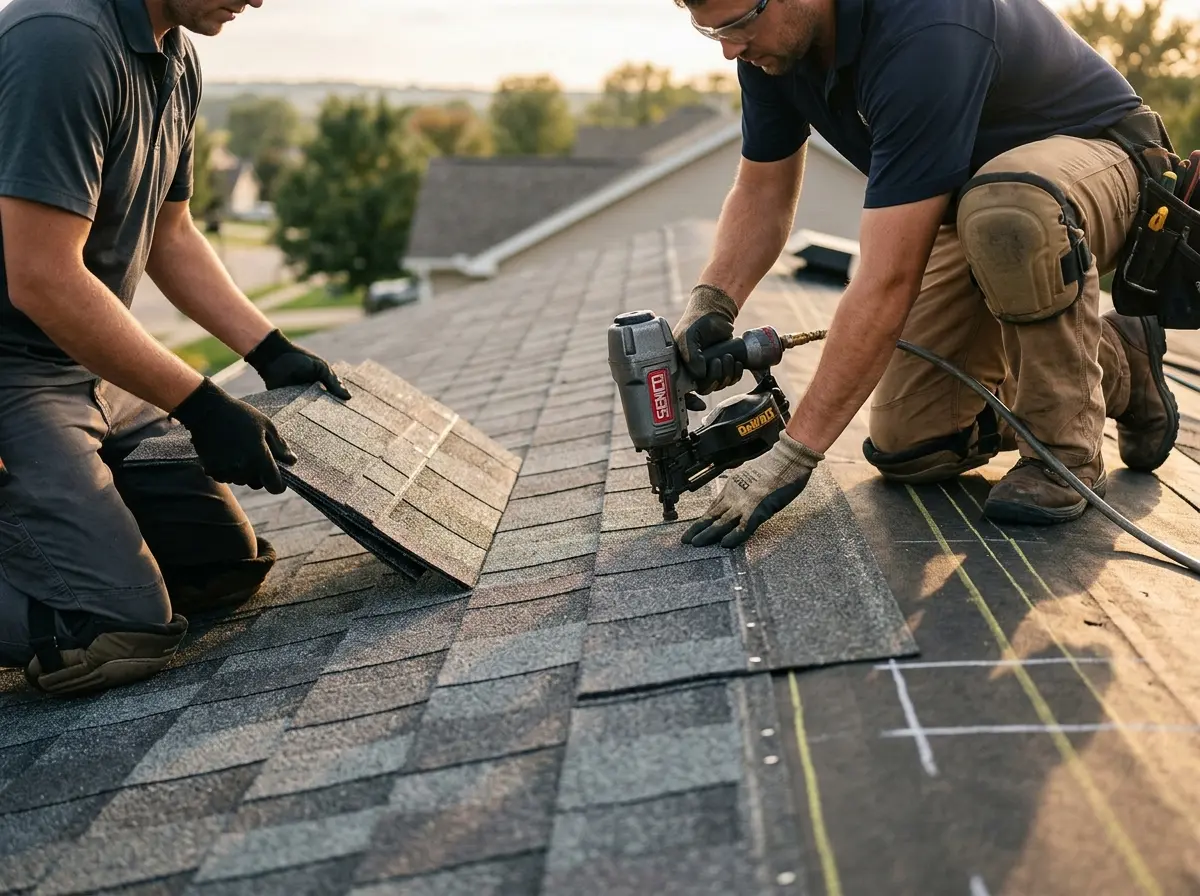 Professional roofer working on a residential roof in Sylvester